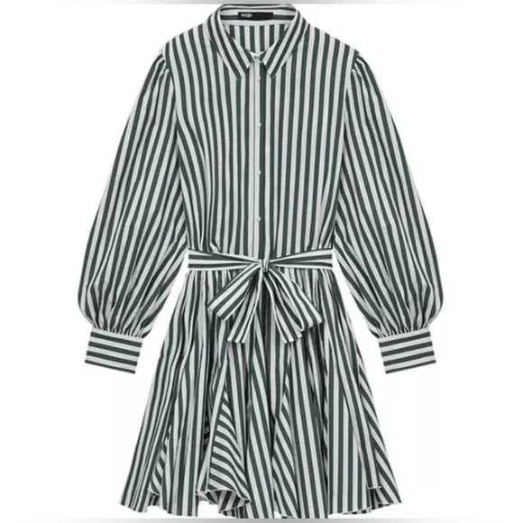 Maje Paris women striped Dress Greenwhite flared skirt formal coquette 32”waistM - Picture 3 of 16